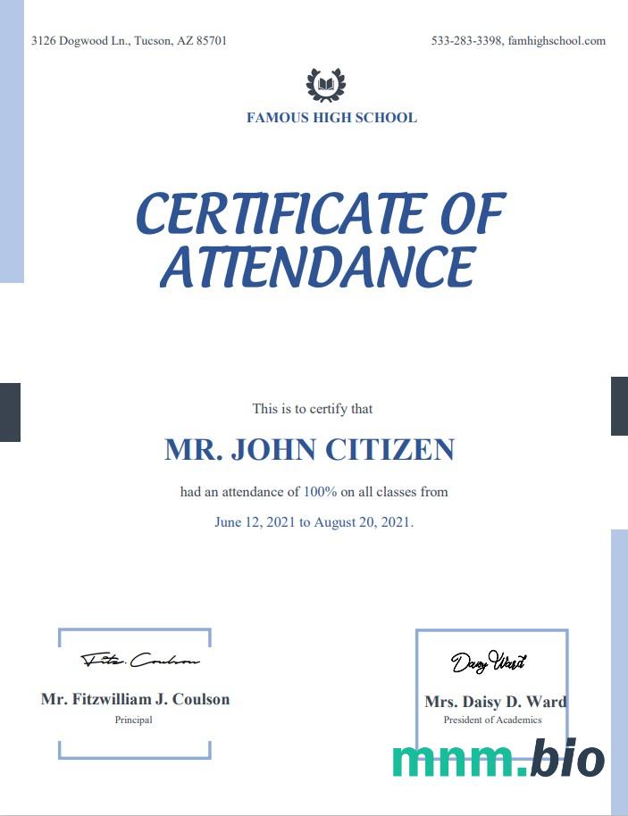 USA Attendance Certificate szablon in Word i PDF formacie